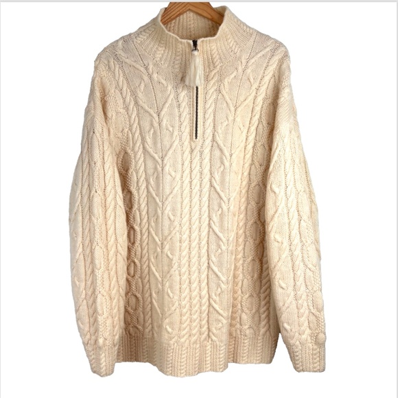 VTG 90s Wool Fisherman Sweater Men XL 1/4 Zip Ivory Cable Knit Preppy Cottage - Picture 9 of 9